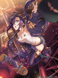 Rule 34 | 1girl, bare shoulders, belt, blue eyes, breasts, building, cleavage, collarbone, cross, earrings, furyou michi ~gang road~, hat, highres, jacket, jewelry, long hair, looking at viewer, medium breasts, nishikawa eito, open mouth, outdoors, purple hair, purple jacket, purple thighhighs, roller skates, rope, skateboard, skates, solo, tank top, thighhighs, throwing, tongue, twintails