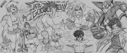 Rule 34 | 5boys, absurdres, animal ears, artist name, black getter, body fur, braid, brand new animal, breasts, character request, commentary, copyright request, crossover, english commentary, english text, fangs, fighting stance, furry, furry female, furry male, getter robo, graphite (medium), greyscale, hajime no ippo, highres, kagemori michiru, kengan (series), kengan ashura, large breasts, mecha, monochrome, multiple boys, multiple crossover, muscular, nagare ryoma, open mouth, pltnm ghost, pointy ears, raccoon girl, robot, scarf, sendou takeshi, shin getter robo, short hair, super robot, t-pose, topless male, traditional media