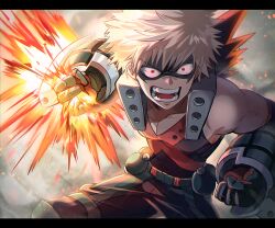Rule 34 | 1boy, angry, baggy pants, bakugou katsuki, belt, black mask, black pants, black tank top, blonde hair, blurry, boku no hero academia, buckle, chromatic aberration, clenched hands, collarbone, commentary request, embers, explosion, explosive, eye mask, eyes visible through eyewear, furrowed brow, gloves, green gloves, grenade, hands up, headgear, highres, leaning forward, letterboxed, light, looking ahead, making-of available, male focus, medibang paint (medium), narrow waist, onk (kkkarb), open mouth, orange gloves, pants, partial commentary, red eyes, sanpaku, short hair, sleeveless, smoke, snap-fit buckle, solo, spiked hair, tank top, two-tone gloves, upper body, v-neck, v-shaped eyebrows, x