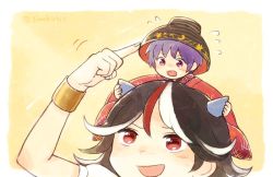 Rule 34 | 2girls, arm up, black hair, blush, bowl, bowl hat, cone horns, flying sweatdrops, grey horns, hat, horns, imokichi, japanese clothes, kijin seija, kimono, long sleeves, looking at another, looking up, mini person, minigirl, multicolored hair, multiple girls, on head, open mouth, pink eyes, portrait, puffy sleeves, purple hair, red eyes, red hair, short hair, short sleeves, smile, sukuna shinmyoumaru, touhou, twitter username, white hair, wide sleeves