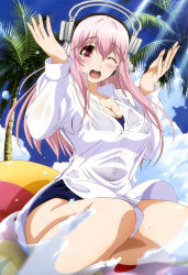 Rule 34 | 10s, 1girl, ;d, absurdres, blush, breasts, cleavage, cloud, day, dress shirt, headphones, highres, inflatable raft, large breasts, long hair, nitroplus, non-web source, nyantype, official art, one eye closed, open mouth, palm tree, pink hair, red eyes, school swimsuit, shirt, sky, smile, solo, soniani, super sonico, swimsuit, swimsuit under clothes, tamura masafumi, tree, water, wet, wink
