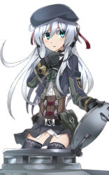 Rule 34 | 1girl, :o, akatoro (nightlord), beret, black gloves, black thighhighs, blue eyes, bow, bowtie, corset, cropped jacket, eyebrows, gloves, green bow, hat, headphones, headset, highres, long hair, looking at viewer, looking to the side, military, military uniform, military vehicle, motor vehicle, open mouth, original, panties, pantyshot, ribbon, simple background, skirt, solo, standing, tank, thighhighs, throat microphone, underwear, uniform, vehicle, white background, white hair, white panties, zettai ryouiki