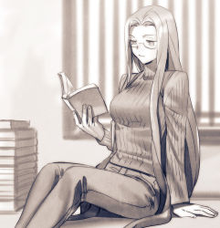 Rule 34 | 1girl, bad id, bad pixiv id, book, breasts, denim, fate/hollow ataraxia, fate (series), glasses, jeans, long hair, medusa (fate), medusa (rider) (fate), monochrome, official alternate costume, open book, pants, reading, ribbed sweater, sitting, solo, sweater, taa (acid), turtleneck, very long hair