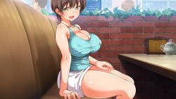 Rule 34 | 1girl, aomizuan, bare arms, bare shoulders, blush, breasts, brown hair, bursting breasts, cleavage, collarbone, eyebrows, happy, highres, huge breasts, indoors, legs, looking at viewer, lucky dosukebe! zenpen, marron marron, mole, mole under mouth, open mouth, original, puffy nipples, restaurant, shiny skin, short hair, sitting, skirt, sleeveless, smile, thighs, wall, white skirt, yellow eyes