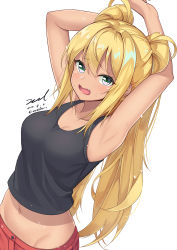 Rule 34 | 1girl, armpits, arms up, bare arms, bare shoulders, black shirt, blonde hair, breasts, cleavage, collarbone, crop top, dark skin, dark-skinned female, dated, dumbbell nan kilo moteru?, fang, green eyes, groin, highres, long hair, looking at viewer, medium breasts, midriff, navel, open mouth, red shorts, sakura hibiki, shirt, shorts, signature, simple background, sleeveless, sleeveless shirt, solo, sweat, tank top, twintails, twitter username, unel, upper body, very long hair, white background