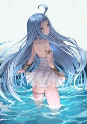 Rule 34 | 1girl, ahoge, armlet, ass, back, bare shoulders, blue eyes, blue hair, blush, bracer, closed mouth, dress, granblue fantasy, long hair, looking at viewer, looking back, lyria (granblue fantasy), no panties, rui rubellent, see-through, shoulder blades, smile, solo, standing, thighlet, very long hair, wading, water, white dress