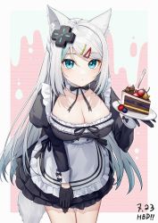 Rule 34 | 1girl, alternate costume, animal ears, apron, black dress, black gloves, blue eyes, breasts, cake, cake slice, choker, cleavage, closed mouth, cowboy shot, d-pad, d-pad hair ornament, dress, enmaided, expressionless, food, fox ears, fox girl, fox tail, frilled choker, frilled dress, frills, gloves, hair ornament, hairclip, highres, holding, illian-san, juliet sleeves, large breasts, long hair, long sleeves, looking at viewer, maid, maid apron, meridian project, mizuki (vtuber), plate, puffy sleeves, short dress, solo, standing, swept bangs, tail, very long hair, virtual youtuber, white hair