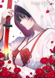 Rule 34 | 1girl, absurdres, black hair, character name, dated, flower, glint, happy birthday, highres, holding, holding sheath, holding sword, holding weapon, hooded kimono, japanese clothes, katana, kimono, library of ruina, looking to the side, michael (8m71d), parted lips, petals, project moon, red eyes, red flower, sheath, shiromuku, simple background, solo, sword, uchikake, unsheathing, upper body, weapon, white background, white kimono, yujin (project moon)