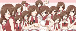 Rule 34 | &gt; &lt;, 1girl, apron, belt, blush, bottle, breasts, brown eyes, brown hair, closed eyes, closed mouth, collared shirt, commentary request, crop top, drunk, hair between eyes, holding, holding bottle, looking at viewer, medium breasts, meiko (vocaloid), midriff, miniskirt, multiple views, navel, open mouth, own hands together, popped collar, red shirt, red skirt, shirt, short hair, skirt, smile, tomo-graphy, upper body, vocaloid, white apron, white belt