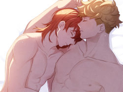 Rule 34 | 2boys, bara, blonde hair, closed eyes, closed mouth, granblue fantasy, large pectorals, lying, male focus, multiple boys, muscular, muscular male, nipples, on back, on side, parted lips, pectorals, percival (granblue fantasy), red hair, satoimo sanda, short hair, sleeping, undercut, vane (granblue fantasy), yaoi