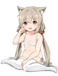 Rule 34 | 1girl, :d, animal ear fluff, animal ears, bare arms, bare shoulders, bra, breasts, brown hair, cat ears, cleavage, full body, hair between eyes, hair ornament, hair scrunchie, hand up, highres, long hair, looking at viewer, navel, no shoes, open mouth, original, panties, paw pose, plump, red eyes, red scrunchie, scrunchie, side-tie panties, sitting, skindentation, small breasts, smile, solo, sora (silent square), thighhighs, twintails, underwear, underwear only, very long hair, wariza, white background, white bra, white panties, white thighhighs