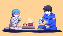 Rule 34 | 1boy, 1girl, american flag, bandaged arm, bandages, barefoot, black hair, blue hair, blue jumpsuit, brown eyes, campbell&#039;s, can, canned food, child, earth-chan, earth (planet), earth hair, fever, food, full body, giruma (gylmyr), green hair, highres, indian style, jumpsuit, kettle, light smile, nasa, nasa logo, original, oversized clothes, oversized shirt, personification, planet, shirt, simple background, sitting, soup, t-shirt, teapot, uniform, yellow background
