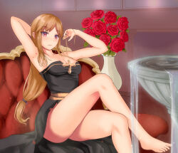 Rule 34 | 1girl, arch bishop (ragnarok online), arm behind back, arms up, bare arms, bare legs, bare shoulders, barefoot, black dress, blonde hair, blush, breasts, cleavage, closed mouth, collarbone, couch, crossed legs, dress, eyelashes, eyes visible through hair, flower, fountain, frown, gold trim, hand in own hair, leaf, long hair, looking at viewer, low-tied long hair, margaretha sorin, medium breasts, on couch, parted bangs, pink eyes, ragnarok online, red flower, red rose, rose, sail (sail-away), side slit, sitting, solo, sparkle, strapless, strapless dress, thighs, toenails, vase, water
