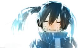 Rule 34 | 1girl, bad id, bad pixiv id, black hair, blue hair, ene (kagerou project), closed eyes, fading, hasuhasuhasu0127, headphones, jacket, jersey, kagerou project, open mouth, sleeves past wrists, smile, solo, track jacket, twintails, vocaloid, white background, yamaha