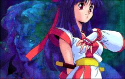 Rule 34 | 1990s (style), 2girls, ainu clothes, arm behind back, armor, breasts, charlotte christine de colde, fingerless gloves, gloves, hand on own chest, long hair, multiple girls, nakoruru, pc98, pink eyes, purple hair, retro artstyle, samurai spirits, small breasts, smile, snk, weapon