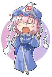 Rule 34 | 1girl, akaneya, blush stickers, breasts, chibi, dress, closed eyes, female focus, full body, ghost, hat, heart, hitodama, japanese clothes, open mouth, pink hair, pointing, saigyouji yuyuko, short hair, solo, touhou, white background