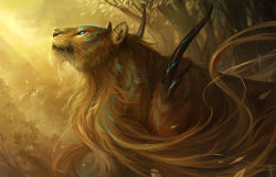 Rule 34 | fantasy, forest, glowing, glowing eyes, lion, nature, no humans, sandara, scenery