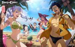 Rule 34 | 2boys, 3girls, abs, absurdres, asta (black clover), beach, bikini, black clover, black clover m: rise of the wizard king, black hair, blindfold, blue shorts, blue sky, braid, breasts, brown bikini, charmy pappitson, commentary, copyright name, crab, day, english commentary, eyewear on headwear, food, fruit, grey hair, hat, highres, holding, holding food, holding ice cream, holding surfboard, ice cream, large breasts, lens flare, long hair, looking at viewer, male swimwear, multiple boys, multiple girls, muscular, muscular male, noelle silva, official alternate costume, official art, open clothes, open mouth, open shirt, outdoors, palm tree, pink hair, purple eyes, red bikini, red headwear, sand, secre swallowtail, shirt, short hair, short twintails, shorts, sky, spiked hair, surfboard, swim briefs, swimsuit, teeth, tree, twin braids, twintails, upper teeth only, vanessa enoteca, water, watermelon, witch hat, yami sukehiro, yellow shirt