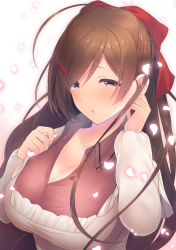 Rule 34 | 1girl, :o, apron, blush, bow, breasts, brown hair, cherry blossoms, cleavage, commentary request, hair bow, hair ornament, hairclip, kantai collection, kappougi, long hair, long sleeves, looking at viewer, mamiya (kancolle), parted lips, petals, pink shirt, purple eyes, red bow, shirt, simple background, solo, upper body, yuasa makoto