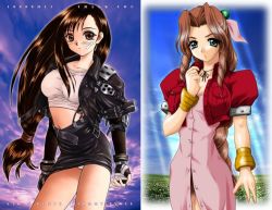 Rule 34 | 1990s (style), 2girls, aerith gainsborough, bow, breasts, cloud, collage, cropped jacket, day, dress, final fantasy, final fantasy vii, inoue tomii, jacket, leather, leather jacket, long hair, low-tied long hair, multiple girls, pencil skirt, pink bow, pink dress, retro artstyle, shirt, skirt, sky, taut clothes, taut shirt, tifa lockhart
