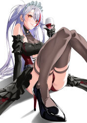Rule 34 | 1girl, absurdres, azur lane, black footwear, black gloves, black thighhighs, clothing cutout, cup, detached sleeves, dress, drinking glass, elbow gloves, gloves, high heels, highres, holding, layered dress, looking at viewer, multicolored hair, navel cutout, nukege ojisan, official alternate costume, orange eyes, prinz eugen (azur lane), prinz eugen (kindred evening spirits) (azur lane), sitting, smile, solo, strapless, strapless dress, thighhighs, twintails, two-tone hair, white hair, wine glass