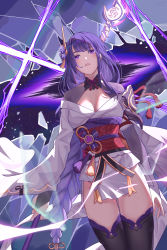Rule 34 | 1girl, absurdres, braid, breasts, bridal gauntlets, broken glass, chabuduohuawandecha, choker, cleavage, commentary request, cowboy shot, electricity, engulfing lightning (genshin impact), flower, genshin impact, glass, hair flower, hair ornament, highres, holding, holding polearm, holding weapon, japanese clothes, kimono, looking at viewer, low-braided long hair, low-tied long hair, medium breasts, mitsudomoe (shape), mole, mole under eye, obi, obiage, obijime, parted lips, pink lips, polearm, purple eyes, purple flower, purple hair, purple kimono, purple rope, raiden shogun, red ribbon, red rope, ribbon, ribbon choker, rope, sash, short kimono, shrug (clothing), solo, tassel, thighhighs, tomoe (symbol), weapon, yellow rope