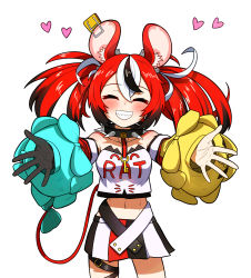 Rule 34 | 1girl, absurdres, animal ears, asymmetrical sleeves, bow, collar, ddolbang, closed eyes, gloves, grin, hakos baelz, heart, highres, hololive, hololive english, incoming hug, midriff, mouse ears, mouse tail, navel, pleated skirt, red hair, sharp teeth, single glove, skirt, smile, spiked collar, spikes, tail, tail bow, tail ornament, teeth, virtual youtuber, white background