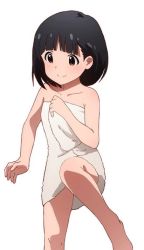 Rule 34 | 1girl, artist request, barefoot, black hair, blunt bangs, character request, collarbone, copyright request, feet, red eyes, short hair, simple background, smile, solo, towel, white background, white towel