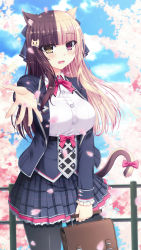 Rule 34 | 1girl, :d, animal ears, bad id, bad pixiv id, bag, black bow, black jacket, black pantyhose, blonde hair, blue sky, blunt bangs, blush, bow, bowtie, breasts, brown hair, buttons, cat ears, cat girl, cat hair ornament, cat tail, cherry blossoms, cloud, cloudy sky, collared shirt, commentary, corset, cowboy shot, day, dress shirt, fang, frilled skirt, frilled sleeves, frills, hair bow, hair ornament, hairclip, hand up, handbag, heterochromia, highres, holding, holding bag, jacket, large breasts, legs apart, long hair, long sleeves, looking at viewer, medium breasts, multicolored hair, nanomate3, open clothes, open jacket, open mouth, original, outdoors, outstretched arm, outstretched hand, pantyhose, petals, pink bow, pink bowtie, purple eyes, reaching, reaching towards viewer, school bag, shirt, skirt, sky, smile, solo, split-color hair, spread fingers, standing, tail, two-tone hair, white shirt, wing collar, yellow eyes
