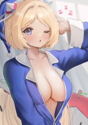 Rule 34 | 1girl, absurdres, aki rosenthal, blonde hair, blue eyes, blue pajamas, blush, bow, breasts, cleavage, collarbone, collared shirt, commentary, commission, cowboy shot, detached hair, english commentary, hair bow, hand in own hair, hat, highres, hololive, large breasts, long hair, long sleeves, looking at viewer, nightcap, no bra, nyu-tan94, one eye closed, open clothes, open mouth, open shirt, pajamas, shirt, short hair, solo, upper body, very long hair, virtual youtuber