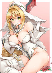 Rule 34 | 1girl, aestus estus, ahoge, belt, blonde hair, blush, breasts, bridal veil, cleavage, clenched teeth, commentary request, fate/extra, fate/extra ccc, fate (series), flower, garter straps, gloves, green eyes, highres, key, large breasts, lock, looking at viewer, mouth hold, nero claudius (bride) (fate), nero claudius (bride) (second ascension) (fate), nero claudius (fate), nero claudius (fate) (all), padlock, pink background, red flower, red rose, rose, sezok, sidelocks, simple background, sitting, smile, solo, sword, teeth, thighhighs, thighs, veil, weapon, white gloves, white thighhighs
