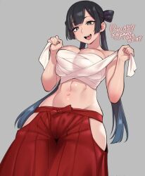 Rule 34 | 1girl, agawa ryou, black hair, blue hair, bow, breasts, chest sarashi, commentary, cowboy shot, dated, english commentary, gradient hair, hair bow, hakama, hakama skirt, hip vent, japanese clothes, large breasts, long hair, looking at viewer, midriff, multicolored hair, navel, open mouth, original, red hakama, sarashi, signature, simple background, skirt, smile, solo, twintails