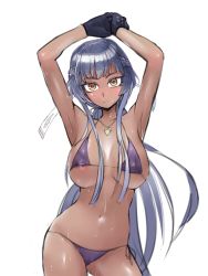 Rule 34 | 1girl, arms up, athena (fire emblem), bare arms, belly, bikini, black gloves, blue hair, blush, breasts, dark skin, dark-skinned female, female focus, fire emblem, gloves, jewelry, large breasts, long hair, necklace, nintendo, orange eyes, own hands together, solo, standing, stomach, sweat, swimsuit, tagme, tan, underboob