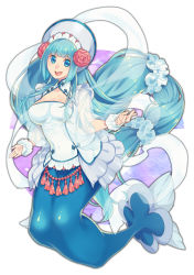 Rule 34 | 1girl, :d, absurdly long hair, aoiro 69, blue eyes, blue hair, blue skirt, blunt bangs, breasts, cleavage, cleavage cutout, clothing cutout, creatures (company), flower, game freak, gen 7 pokemon, hair flower, hair ornament, hat, highres, long hair, looking at viewer, low-tied long hair, medium breasts, mermaid, monster girl, nintendo, open mouth, personification, pokemon, primarina, sidelocks, simple background, skirt, smile, very long hair, white background, white hat