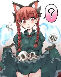 Rule 34 | 1girl, animal ears, braid, cat ears, cat girl, cat tail, female focus, gradient background, hair ribbon, kaenbyou rin, multiple tails, naui kudan, red eyes, red hair, ribbon, short hair, simple background, skirt basket, skull, solo, standing, tail, touhou, twin braids, twintails, white background