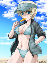 Rule 34 | 1girl, adapted costume, bikini, blonde hair, blue bikini, blue eyes, blue hat, breasts, cleavage, collarbone, commentary, emblem, food, food in mouth, girls und panzer, hand in pocket, hat, highres, holding, holding food, ice cream, jacket, keizoku (emblem), large breasts, looking at viewer, navel, nspa (spa-jcs), open clothes, open jacket, short hair, solo, swimsuit, track jacket, twitter username, visor cap, youko (girls und panzer), zipper