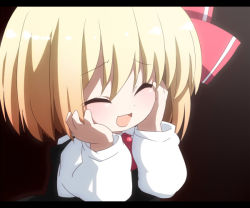 Rule 34 | 1girl, :d, ^ ^, anime coloring, ascot, blonde hair, blush, chibi, closed eyes, dark, embodiment of scarlet devil, closed eyes, face, female focus, hands on own cheeks, hands on own face, happy, letterboxed, long sleeves, necktie, oka (bananashoe), open mouth, ribbon, rumia, short hair, smile, solo, touhou