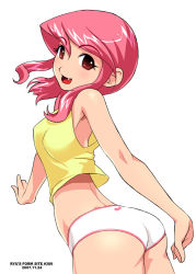 Rule 34 | ass, cowboy shot, dated, fang, midriff, no pants, original, panties, pink hair, red eyes, ryu (ryu&#039;s form site), simple background, solo, tank top, underwear, white background