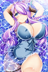 Rule 34 | 10s, 1girl, blue eyes, blush, braid, breasts, cleavage, covered erect nipples, cow girl, cow horns, curvy, draph, female focus, granblue fantasy, hair ornament, hair over one eye, hairclip, horns, large breasts, light purple hair, long hair, looking at viewer, lying, miyashiro sousuke, narmaya (granblue fantasy), on back, pointy ears, purple hair, smile, solo, swimming, swimsuit, thighs, water, wide hips