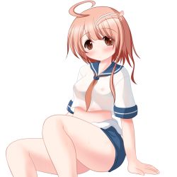 Rule 34 | 10s, 1girl, ahoge, blush, breasts, brown eyes, brown hair, clothes pull, covered erect nipples, hair ornament, i-58 (kancolle), kantai collection, looking at viewer, neckerchief, one-piece swimsuit pull, personification, riku (rikkuru), school uniform, see-through, serafuku, short hair, solo, swimsuit