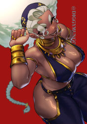 Rule 34 | 1girl, absurdres, afro, armlet, belt, big hair, bikini, bikini top only, black bikini, black hairband, black pants, bracelet, braid, breasts, brown lips, cleavage, commentary, curvy, dark-skinned female, dark skin, diggymungo, earrings, english commentary, fingernails, gold nails, gold necklace, hair over one eye, hairband, highres, hip vent, hoop earrings, jewelry, large breasts, long fingernails, long hair, looking at viewer, midriff, mole, mole on breast, nail polish, navel, neck ring, necklace, orange eyes, original, pants, red background, short eyebrows, sideboob, single braid, solo, swimsuit, thick eyebrows, thick thighs, thighs, very dark skin, very long hair, white hair