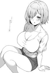 Rule 34 | 1girl, blush, breasts, cleavage, fate/grand order, fate (series), greyscale, hair over one eye, highres, large breasts, looking at viewer, mash kyrielight, medium hair, metsu end, monochrome, open mouth, revision, shirt, short hair, short sleeves, shorts, simple background, sitting, solo, thighs, translation request, white background, white shirt