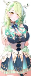 Rule 34 | 1girl, antlers, blue dress, braid, braided bangs, breasts, ceres fauna, ceres fauna (1st costume), cleavage, cleavage cutout, clothing cutout, dress, flower, frilled skirt, frills, fukuiii0110, green flower, green hair, green rose, hair flower, hair ornament, highres, hololive, hololive english, horns, large breasts, looking at viewer, mole, mole under eye, rose, skirt, thighhighs, virtual youtuber, white thighhighs, yellow eyes
