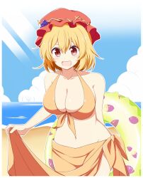 Rule 34 | 1girl, aki minoriko, beach, bikini, blonde hair, blue sky, breasts, cleavage, cloud, commentary request, commission, food, fruit, grapes, hat, highres, horizon, innertube, large breasts, light rays, looking at viewer, mob cap, navel, ocean, open mouth, orange bikini, red eyes, red hat, rise (rise19851203), short hair, skeb commission, sky, solo, swim ring, swimsuit, touhou