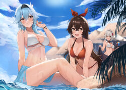Rule 34 | 3girls, absurdres, amber (genshin impact), ayul (ayulneri 92), beach, beach umbrella, bikini, black hairband, blue hair, blue sarong, blue sky, blurry, blush, bow, bracelet, breasts, brown eyes, brown hair, closed mouth, cloud, commentary request, day, depth of field, eula (genshin impact), genshin impact, grey hair, hair bow, hairband, hat, unworn hat, unworn headwear, highres, hut, jewelry, large breasts, long hair, looking at viewer, maid headdress, medium breasts, medium hair, multiple girls, noelle (genshin impact), open mouth, outdoors, red bikini, sarong, sitting, sky, smile, straw hat, swimsuit, umbrella, v-shaped eyebrows, water, wet, white bikini, yellow eyes