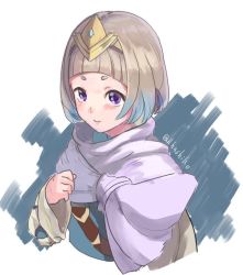 Rule 34 | 1girl, artist request, blue hair, detached sleeves, feather trim, fire emblem, fire emblem heroes, gradient hair, jewelry, looking at viewer, multicolored hair, nintendo, short hair, simple background, smile, tiara, white hair, ylgr (fire emblem)