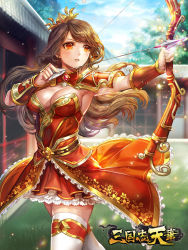 Rule 34 | 1girl, architecture, arrow (projectile), blue sky, bow (weapon), box (hotpppink), bracer, breasts, brown eyes, brown hair, cleavage, day, east asian architecture, frilled skirt, frills, hair ornament, highres, long hair, looking to the side, medium breasts, official art, orange skirt, outdoors, skirt, sky, standing, tree, weapon, white legwear