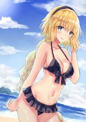Rule 34 | 1girl, akaya (pixiv20545353), bare arms, bare shoulders, beach, bikini, black bikini, black hairband, blonde hair, blue eyes, blue sky, blush, braid, breasts, cleavage, cloud, collarbone, commentary request, day, dutch angle, fate/grand order, fate (series), front-tie bikini top, front-tie top, groin, hair between eyes, hairband, hand up, highres, jeanne d&#039;arc (fate), jeanne d&#039;arc (ruler) (fate), jeanne d&#039;arc (swimsuit archer) (fate), jeanne d&#039;arc (swimsuit archer) (first ascension) (fate), long hair, looking at viewer, medium breasts, navel, ocean, outdoors, parted lips, sand, sky, smile, solo, standing, swimsuit, very long hair, water