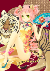 Rule 34 | 1girl, animal ears, china dress, chinese clothes, dress, hand fan, flower, folding fan, green eyes, hair rings, long hair, mitsuk, mitsukura chikage, new year, original, pink hair, side slit, sitting, solo, tail, tiger, tiger ears, tiger tail