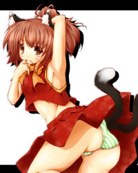 Rule 34 | 1girl, alternate hairstyle, animal ears, armpits, ass, bad perspective, brown eyes, brown hair, cat ears, cat girl, cat tail, chen, female focus, haruyonoto, multiple tails, panties, ponytail, skirt, solo, striped clothes, striped panties, tail, touhou, underwear, upskirt, white background